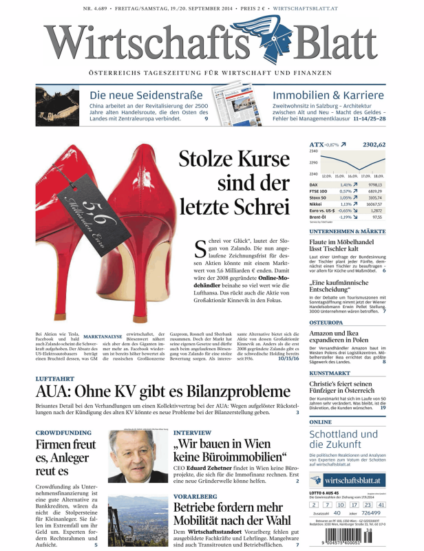 Eine Zeitungsseite des Wirtschaftsblatt mit einem Artikel über steigende Aktienkurse von Zalando.