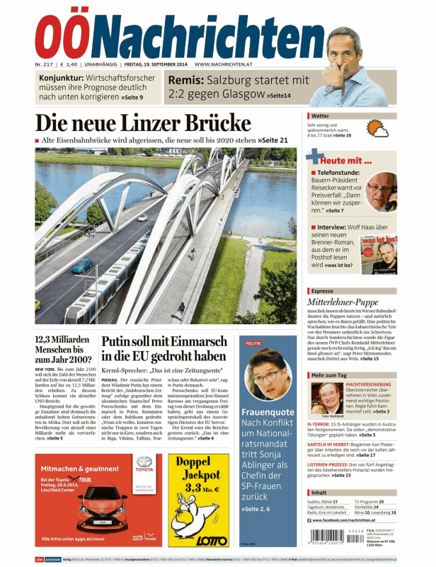 Titelseite der Oberösterreichischen Nachrichten vom 19. September 2014.