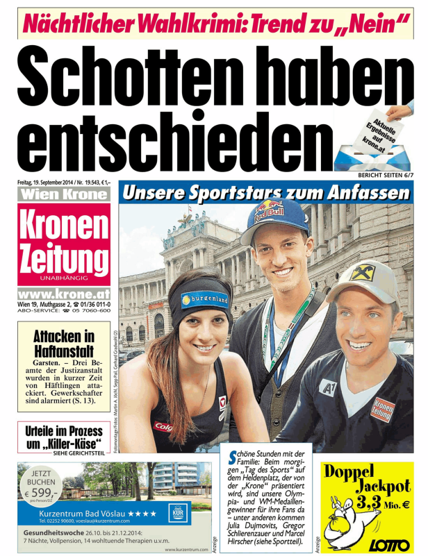 Die Sportler Julia Dujmovits, Gregor Schlierenzauer und Marcel Hirscher auf einer Titelseite der „Kronen Zeitung“.
