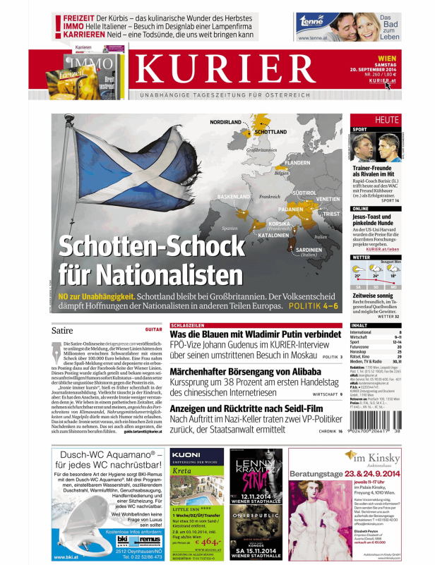 Titelseite des Kurier vom 20. September 2014 mit dem Titel „Schotten-Schock für Nationalisten“.
