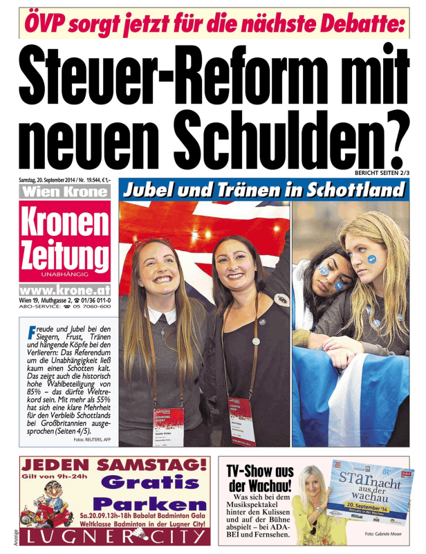 Titelseite der Kronen Zeitung vom 20. September 2014 mit Berichten über Schottland.