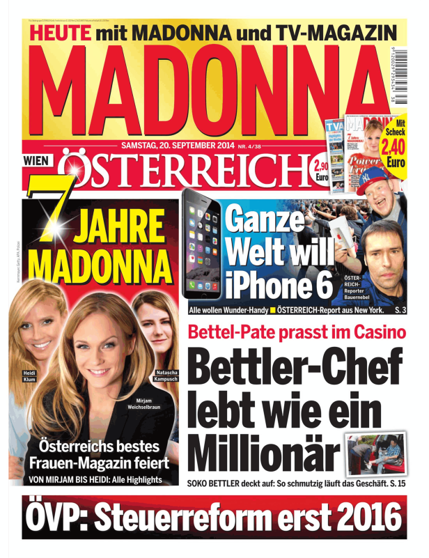 Die Titelseite des österreichischen Magazins „Madonna“ vom 20. September 2014.
