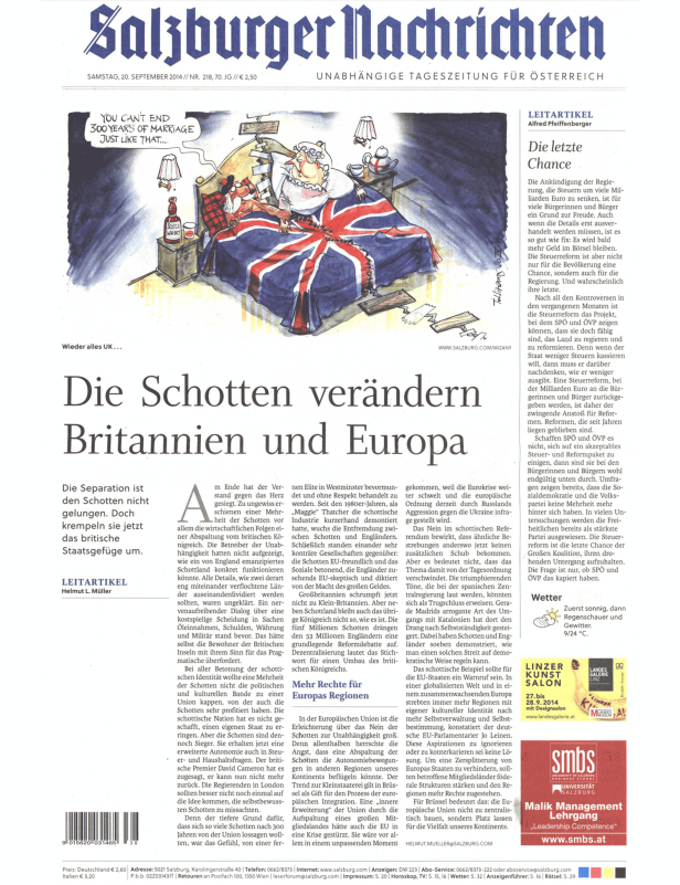 Eine Karikatur zum Thema Schottland und Großbritannien auf der Titelseite der Salzburger Nachrichten.