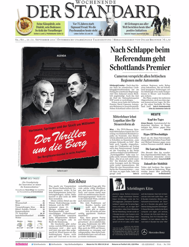 Titelseite der Zeitung „Der Standard“ vom 20./21. September 2014.