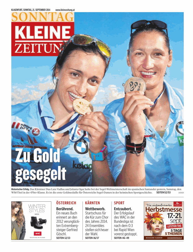 Die Seglerinnen Lara Vadlau und Jolanta Ogar mit ihren Goldmedaillen.