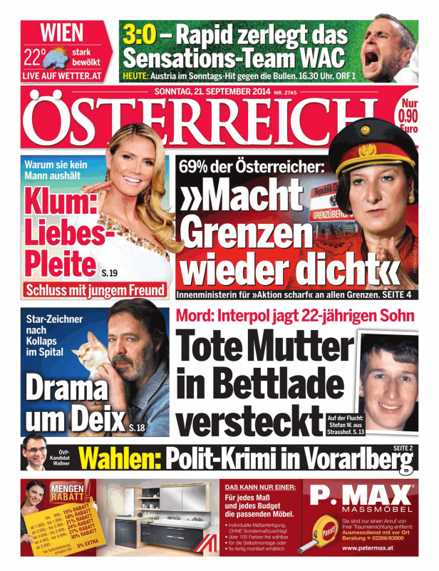 Titelseite der österreichischen Zeitung „Österreich“ vom 21. September 2014.