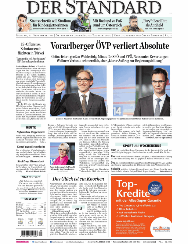 Titelseite des „Der Standard“ vom 22. September 2014 mit dem Titel: Vorarlberger ÖVP verliert Absolute.