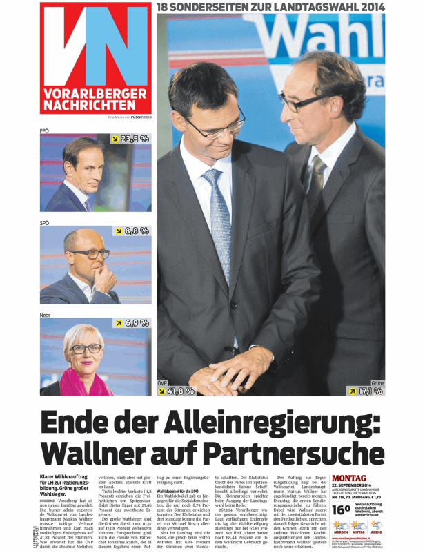 Titelseite der Vorarlberger Nachrichten zur Landtagswahl 2014.