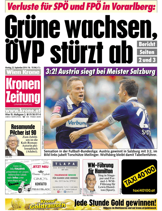 Titelseite der „Kronen Zeitung“ vom 22. September 2014 mit dem Titel „Grüne wachsen, ÖVP stürzt ab“.