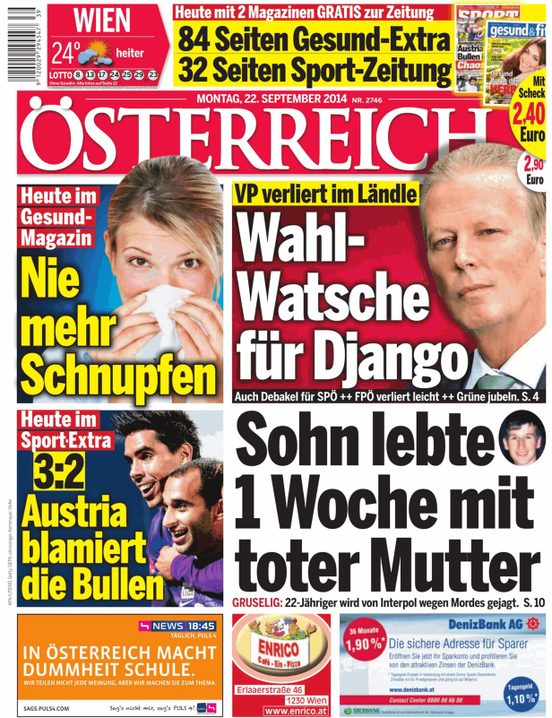 Titelseite der österreichischen Zeitung vom 22. September 2014.