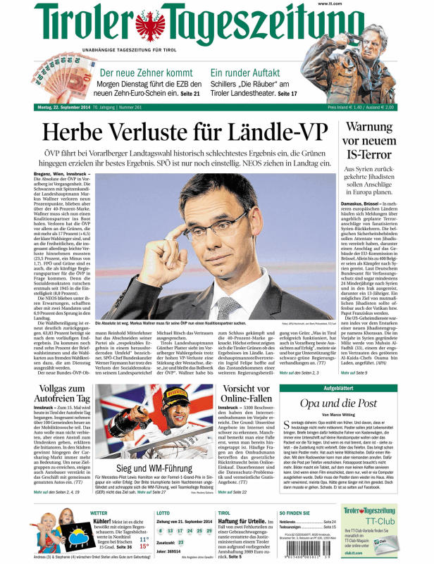 Titelseite der Tiroler Tageszeitung vom 22. September 2014.