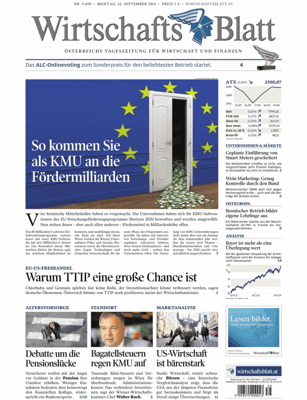 Titelseite des „Wirtschaftsblatt“ zum Thema KMU-Förderung mit einer Tür, aus der Euroscheine quellen.