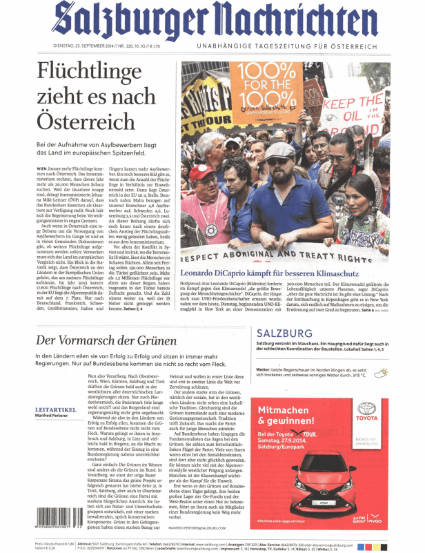 Titelseite der Salzburger Nachrichten vom 23. September 2014 mit Artikeln über Flüchtlinge, die Grünen und Leonardo DiCaprio.