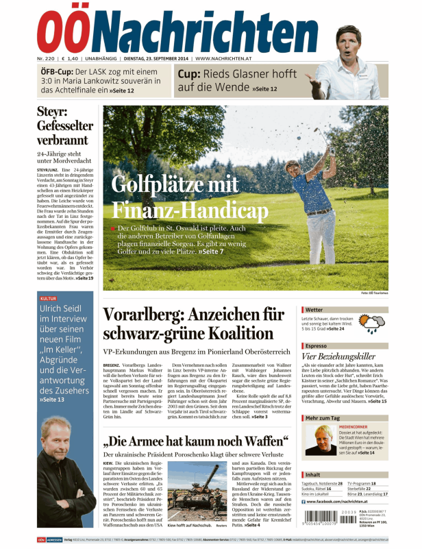 Titelseite der OÖ Nachrichten vom 23. September 2014 mit Artikeln zu verschiedenen Themen.