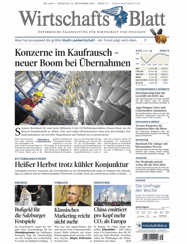 Titelseite des Wirtschaftsblatt vom 23. September 2014.