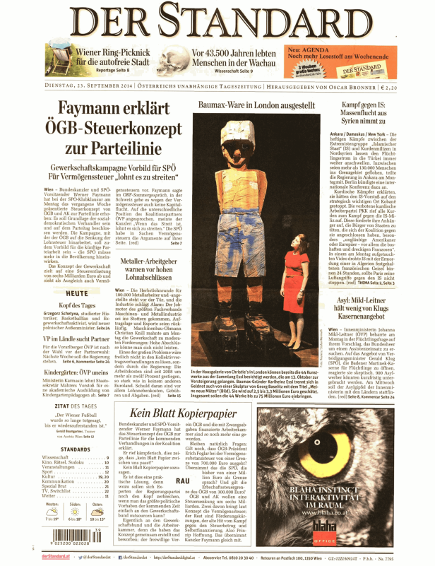 Titelseite der Zeitung „Der Standard“ vom 23. September 2014.