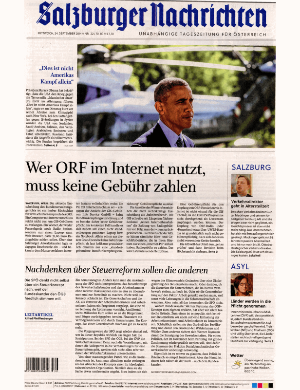 Titelseite der Salzburger Nachrichten vom 24. September 2014 mit einem Artikel über Barack Obama.
