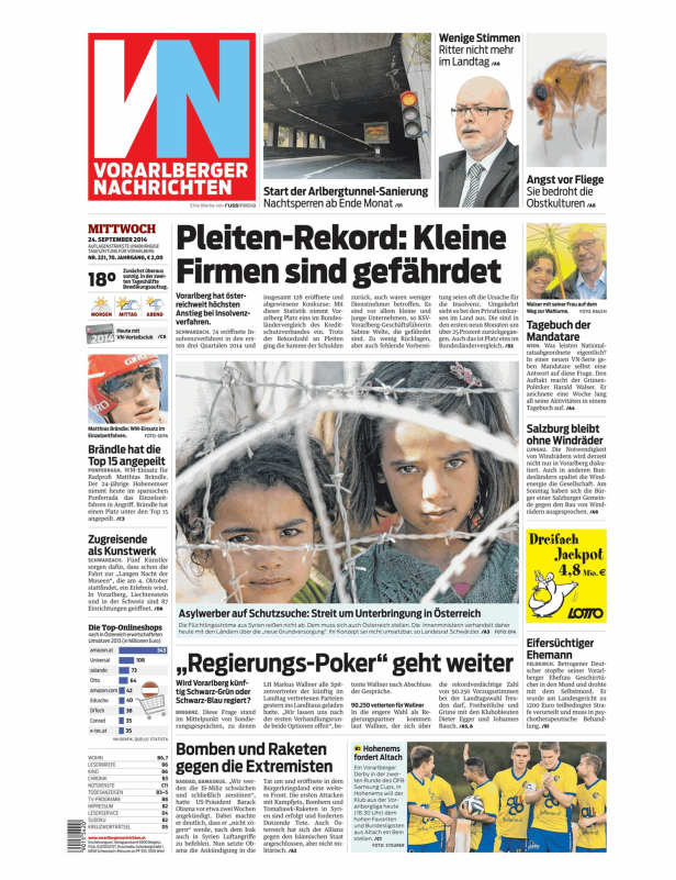 Titelseite der Vorarlberger Nachrichten vom 24. September 2014.