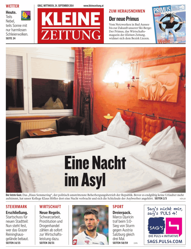 Titelseite der Kleinen Zeitung vom 24. September 2014 mit dem Titel „Eine Nacht im Asyl“.