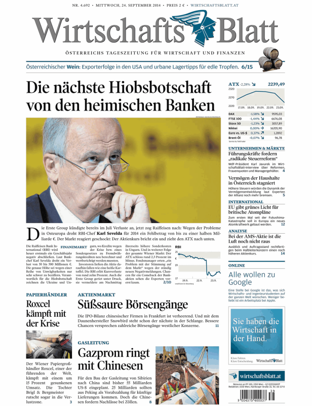 Titelseite des Wirtschaftsblatt vom 24. September 2014.