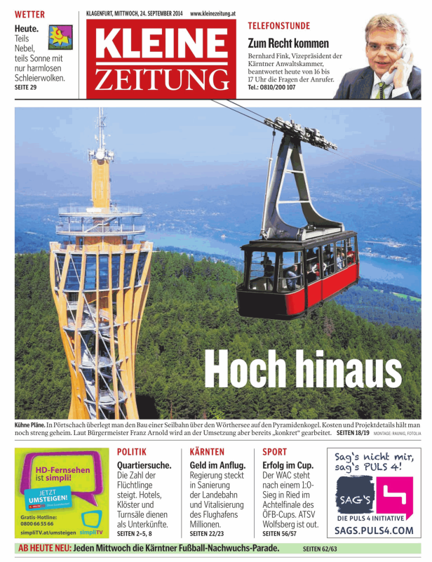 Der Aussichtsturm Pyramidenkogel und eine Gondel der Seilbahn in Kärnten.