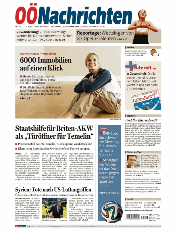 Titelseite der OÖNachrichten vom 24. September 2014 mit Artikeln zu verschiedenen Themen.