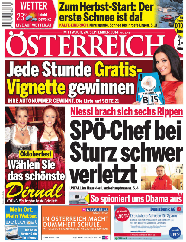 Titelseite der österreichischen Zeitung vom 24. September 2014.