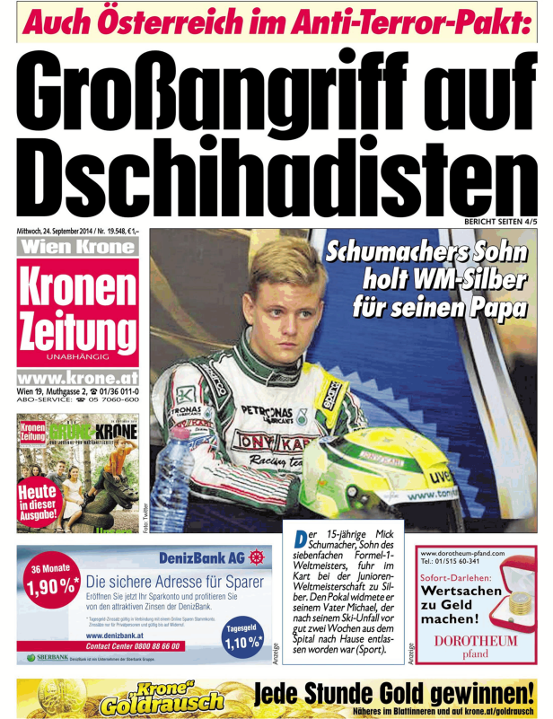 Titelseite der Kronen Zeitung vom 24. September 2014 mit einem Artikel über Mick Schumacher.