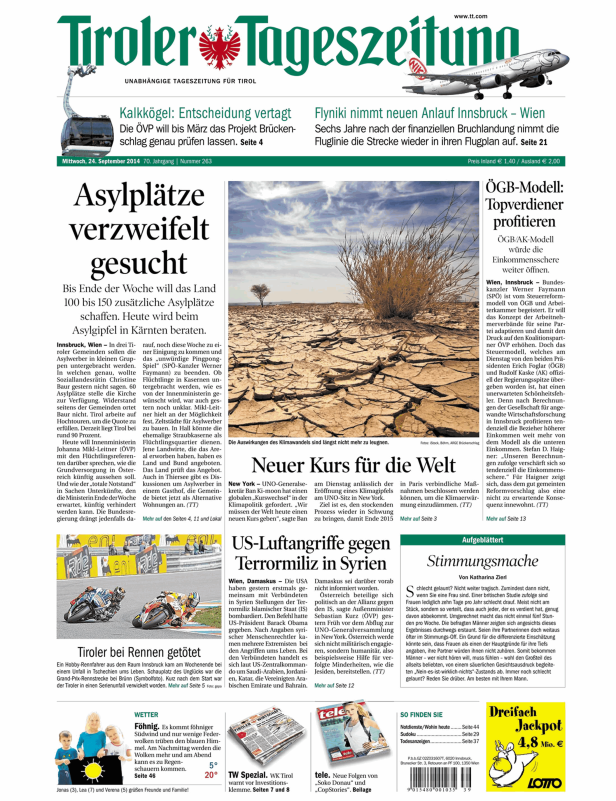 Titelseite der Tiroler Tageszeitung vom 24. September 2014.