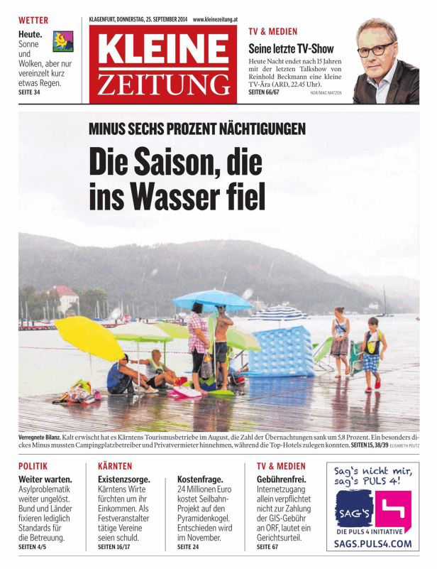 Titelseite der Kleinen Zeitung vom 25. September 2014 mit dem Titel „Die Saison, die ins Wasser fiel“.