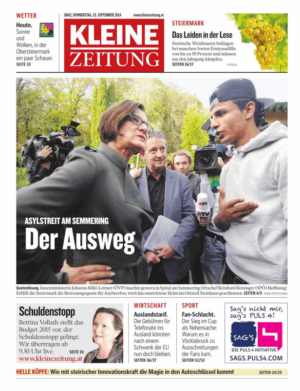 Innenministerin Johanna Mikl-Leitner bei einem Interview zum Thema Asylstreit am Semmering.