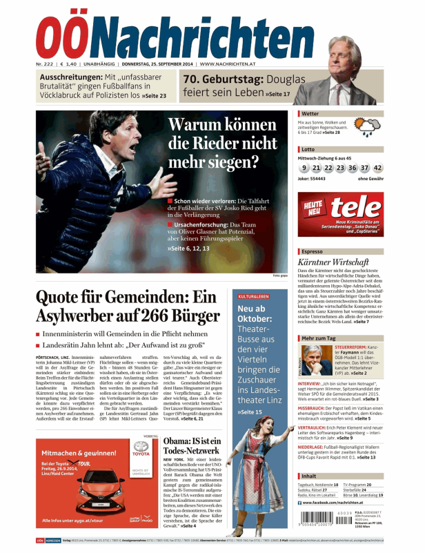 Titelseite der OÖNachrichten vom 25. September 2014.