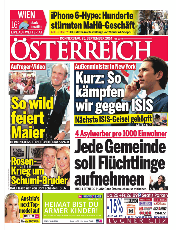 Titelseite der Zeitung „Österreich“ vom 25. September 2014 mit verschiedenen Schlagzeilen.