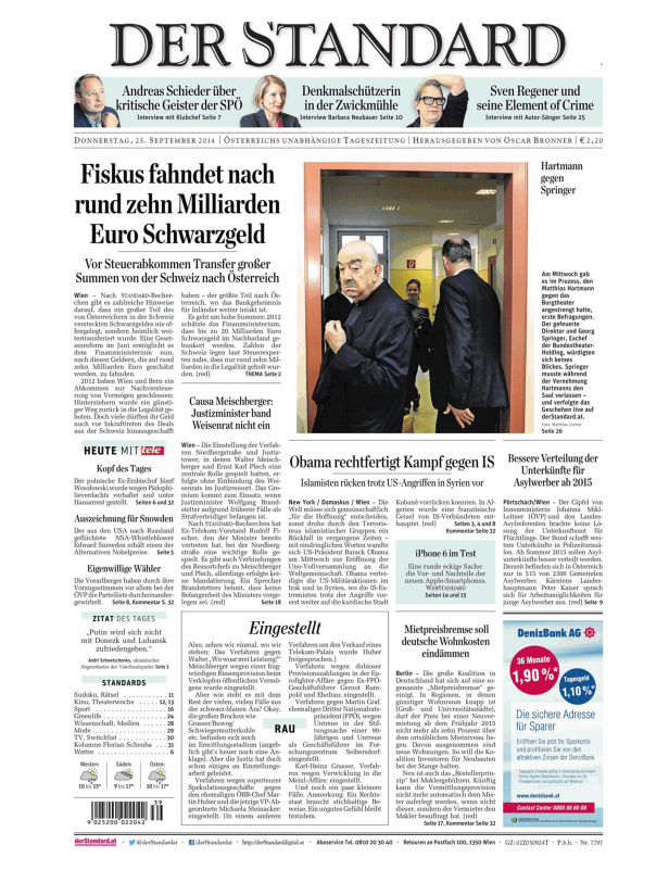 Titelseite des „Der Standard“ vom 25. September 2014.