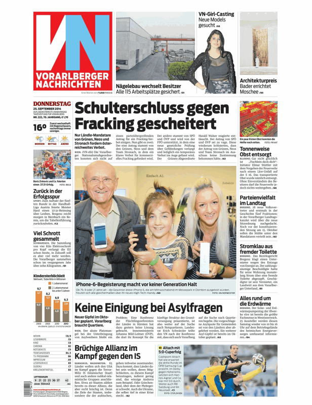 Drei Personen halten iPhones in die Kamera; eine Meldung über iPhone-6-Begeisterung auf einer Zeitungsseite.