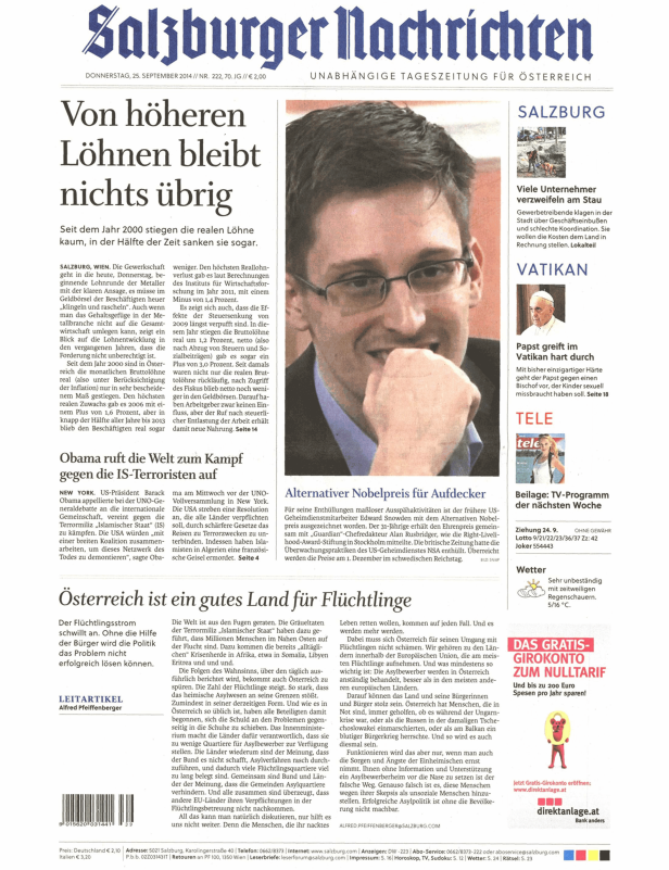 Titelseite der „Salzburger Nachrichten“ vom 25. September 2014.