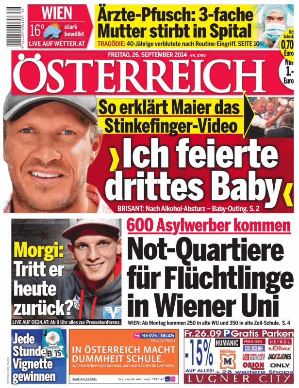 Titelseite der Zeitung „Österreich“ vom 26. September 2014 mit verschiedenen Schlagzeilen.
