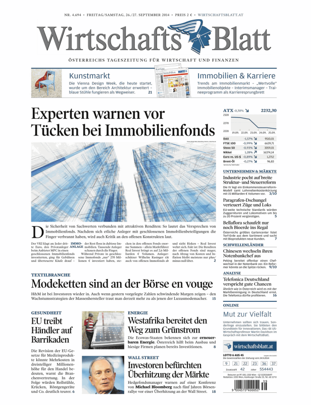 Titelseite des WirtschaftsBlatt vom 26./27. September 2014.