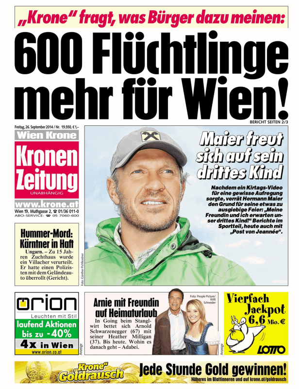 Titelseite der „Kronen Zeitung“ mit Artikeln über Flüchtlinge, Hermann Maier und Arnold Schwarzenegger.