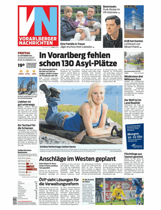 Titelseite der Vorarlberger Nachrichten vom 26. September 2014.