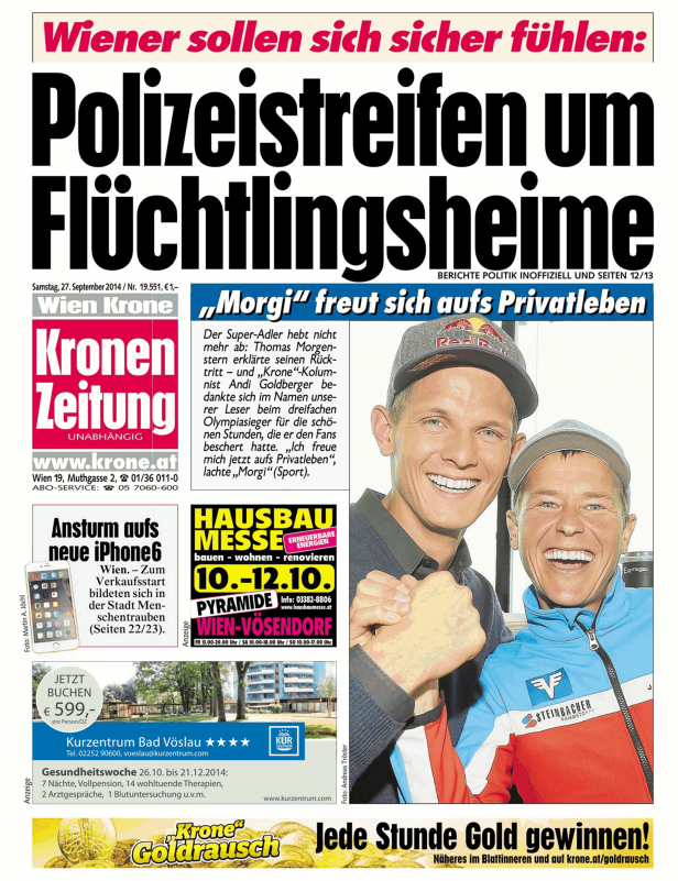 Titelseite der „Kronen Zeitung“ vom 27. September 2014 mit dem Titel „Polizeistreifen um Flüchtlingsheime“.