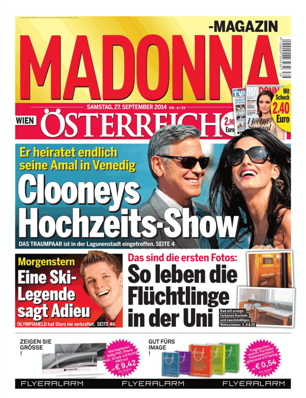 Titelseite des Magazins „Madonna“ vom 27. September 2014 mit George Clooney und Amal Alamuddin.