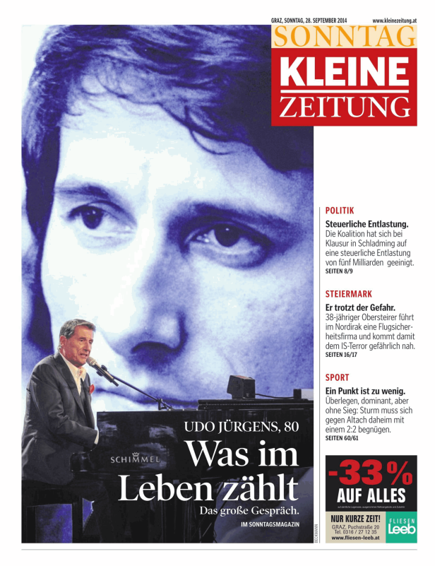 Titelseite der Kleinen Zeitung vom 28. September 2014 mit Udo Jürgens.
