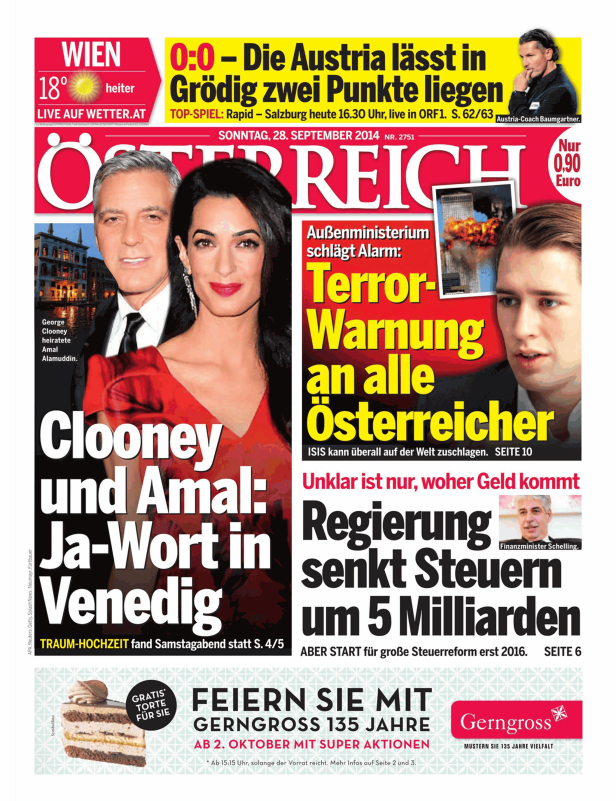 Titelseite der Zeitung „Österreich“ vom 28. September 2014 mit George Clooney und Amal Alamuddin.