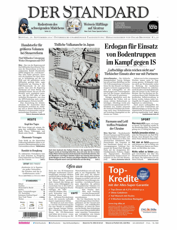 Titelseite der Zeitung Der Standard vom 29. September 2014.