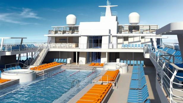 Das Deck eines Kreuzfahrtschiffes mit Pool, Liegestühlen und Whirlpool.