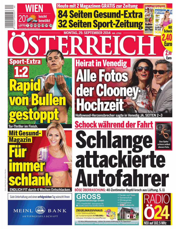 Titelseite der Zeitung „Österreich“ vom 29. September 2014 mit Artikeln über Sport, Gesundheit und die Clooney-Hochzeit.