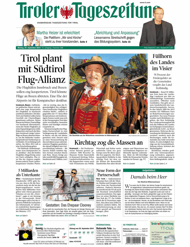 Titelseite der Tiroler Tageszeitung vom 29. September 2014.