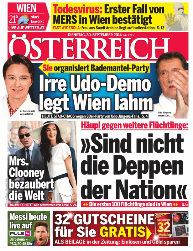 Titelseite der Zeitung „Österreich“ vom 30. September 2014 mit Schlagzeilen zu Udo Jürgens, Amal Clooney und MERS.