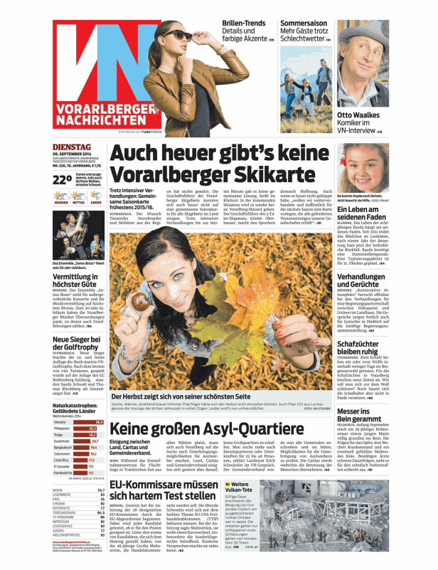 Titelseite der Vorarlberger Nachrichten vom 30. September 2014.